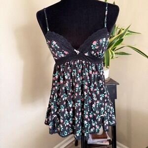 Adorable VS babydoll in a black floral print with pink +‎ teal